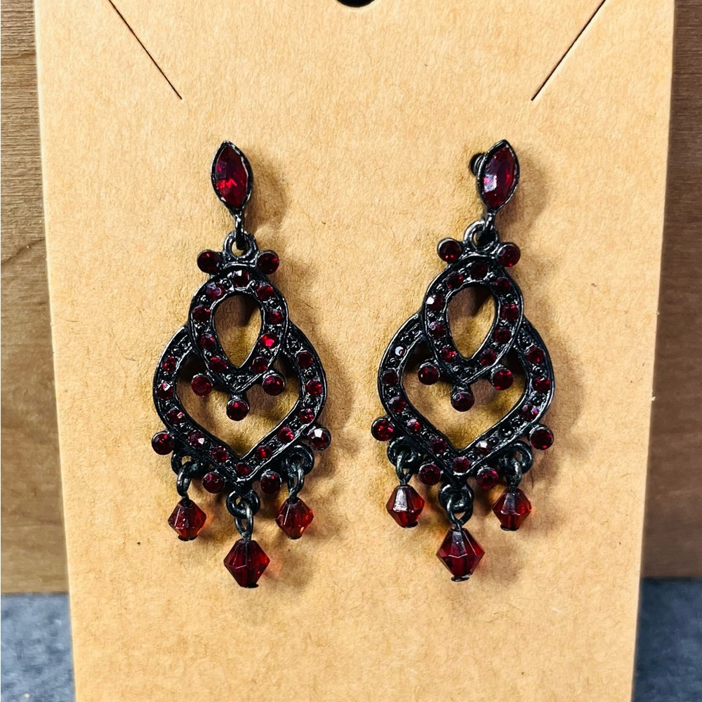 Red Rhinestone Heart Drop Earrings - Picture 3 of 5